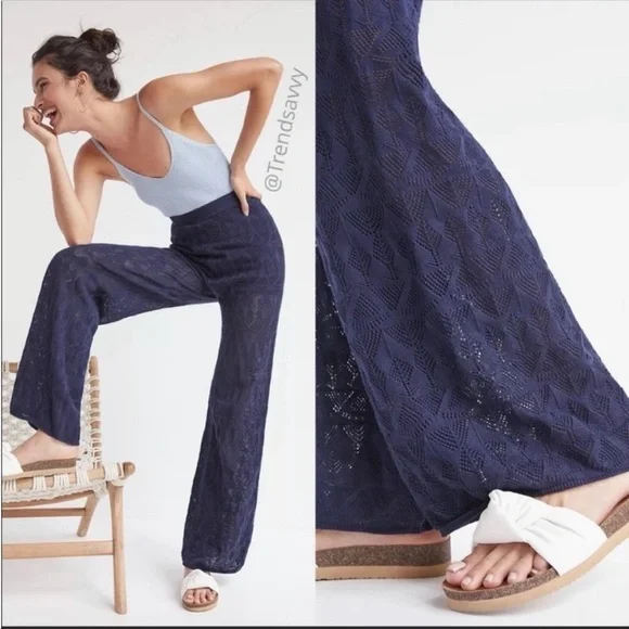 Anthropologie Navy Flat White Pointelle Wide Leg Pants Knit Size Medium NWT - Picture 5 of 9